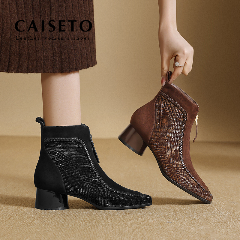 头层羊皮/4.5cm粗跟水钻气质时尚早冬新品方头百搭羊皮靴子5X251