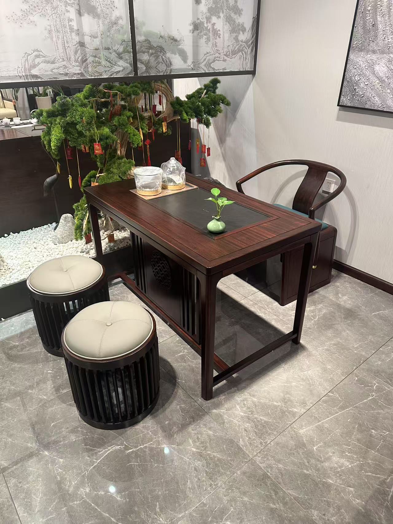 1.2米小茶台茶桌家具----黑檀全实木+乌金石时尚轻奢北美现代茶台