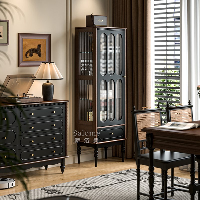 【新品】美式法式中古风电视柜旁边柜立柜实木酒柜客厅靠墙展示柜