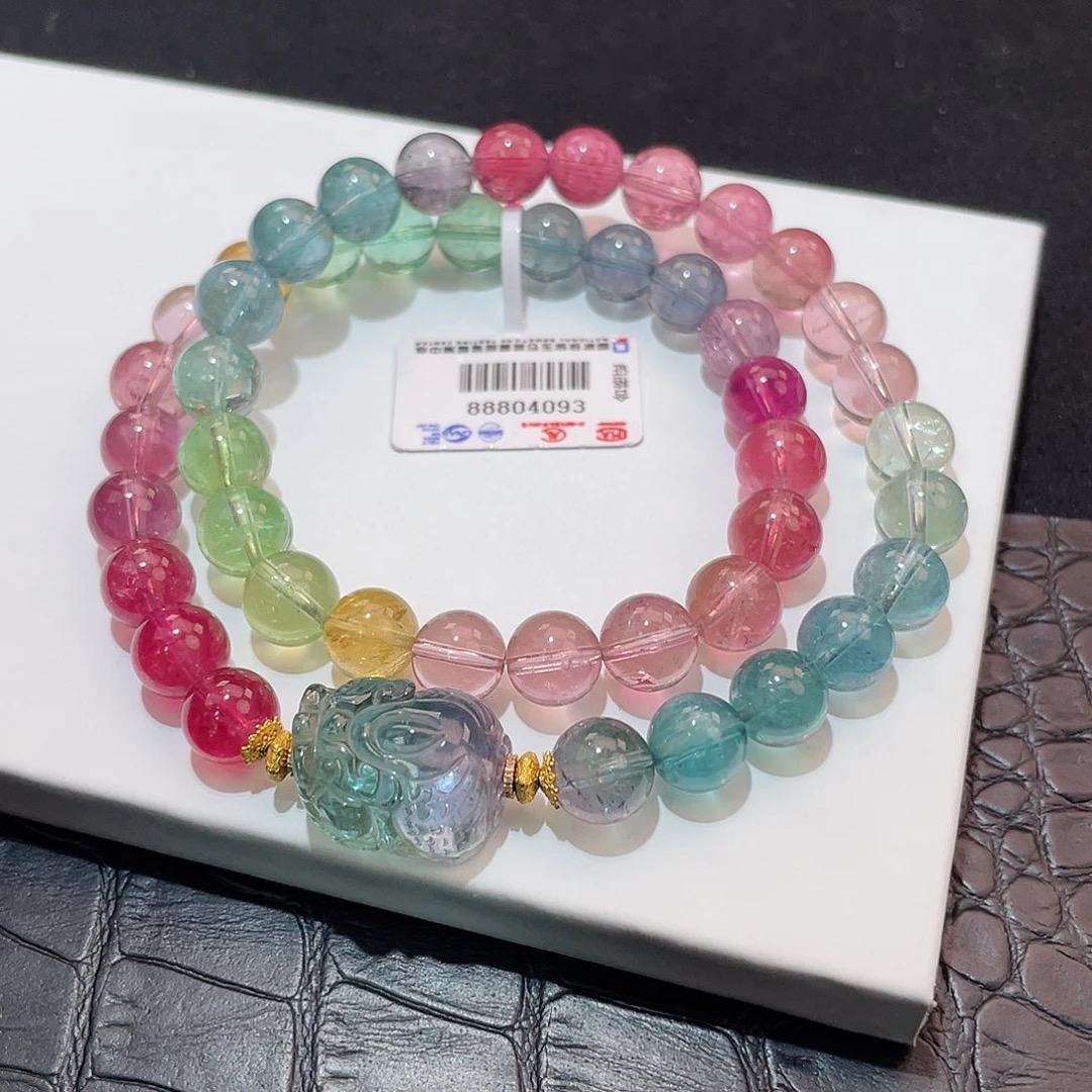 【相传碧玺】彩虹色标碧玺手串手链原创设计款18K水晶精美双圈