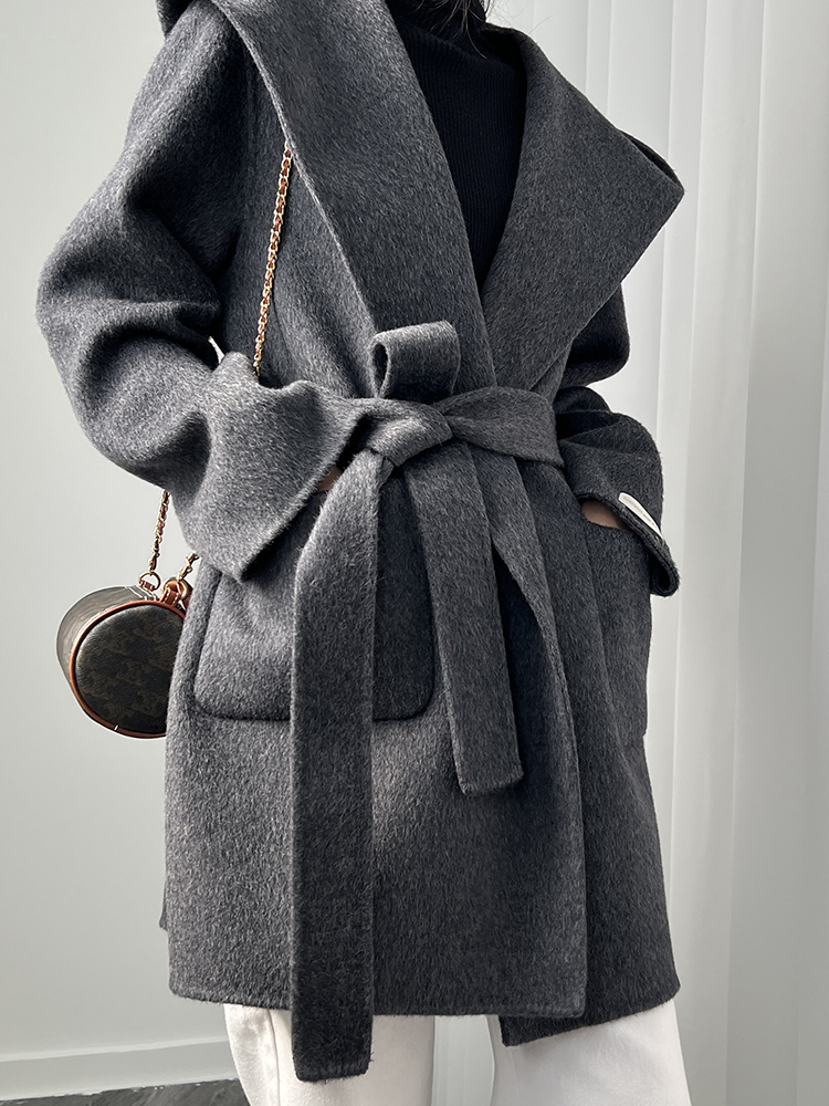 短款连帽浴袍双面羊毛大衣女小个子秋冬新款羊毛呢外套