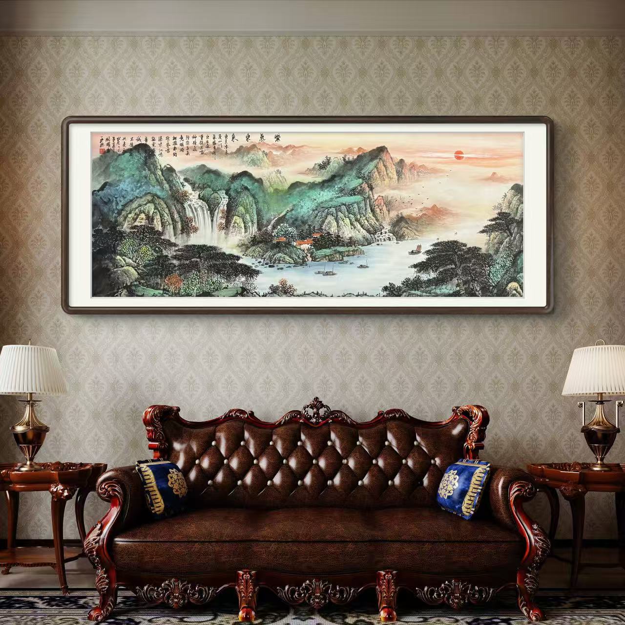 《紫气东来》纯手绘六尺横幅泼彩山水书房客厅茶室国画挂画作品