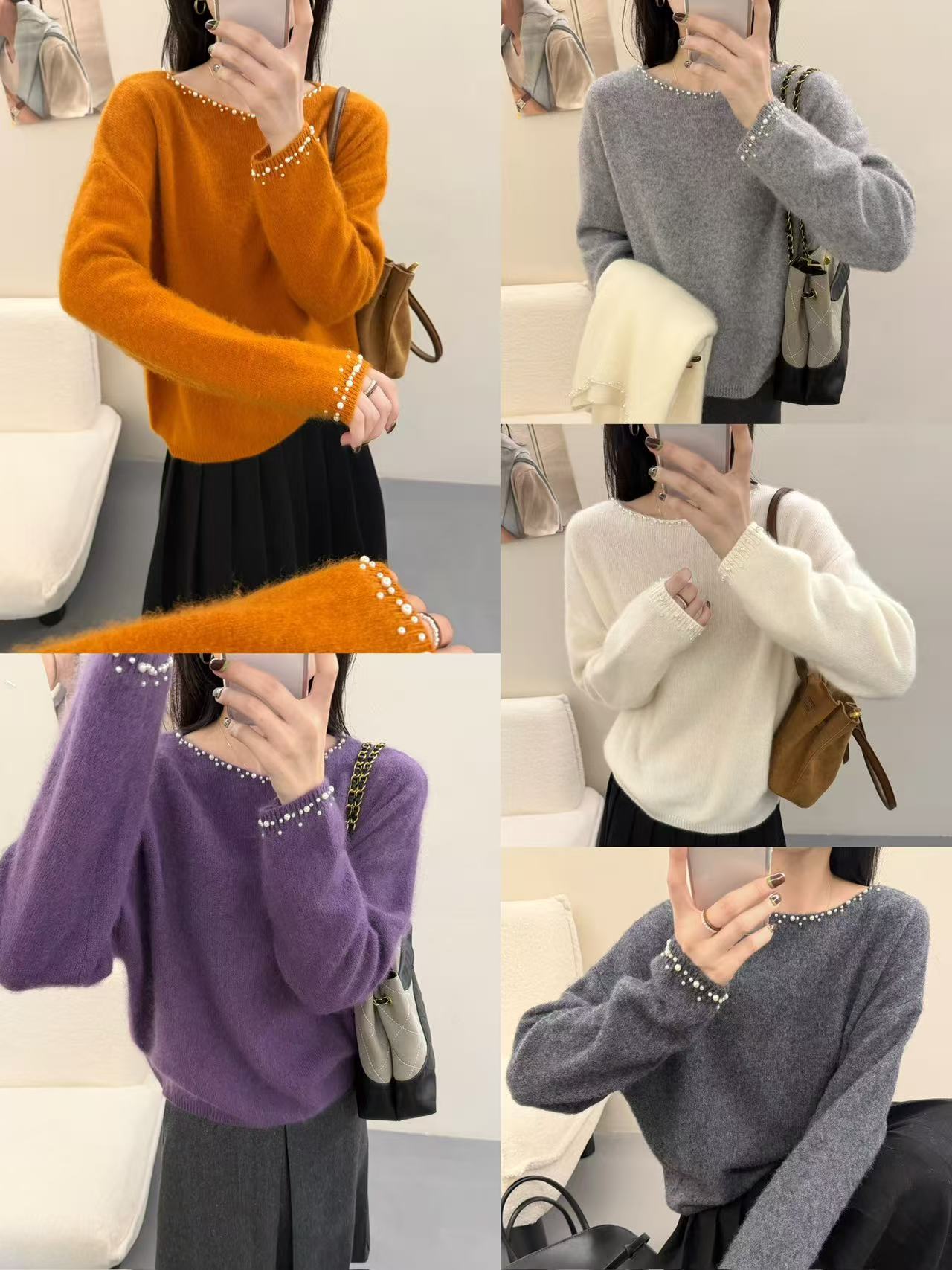 全羊毛钉珠打底衫秋冬新款圆领套头纯色羊毛衫百搭显瘦 小洁925