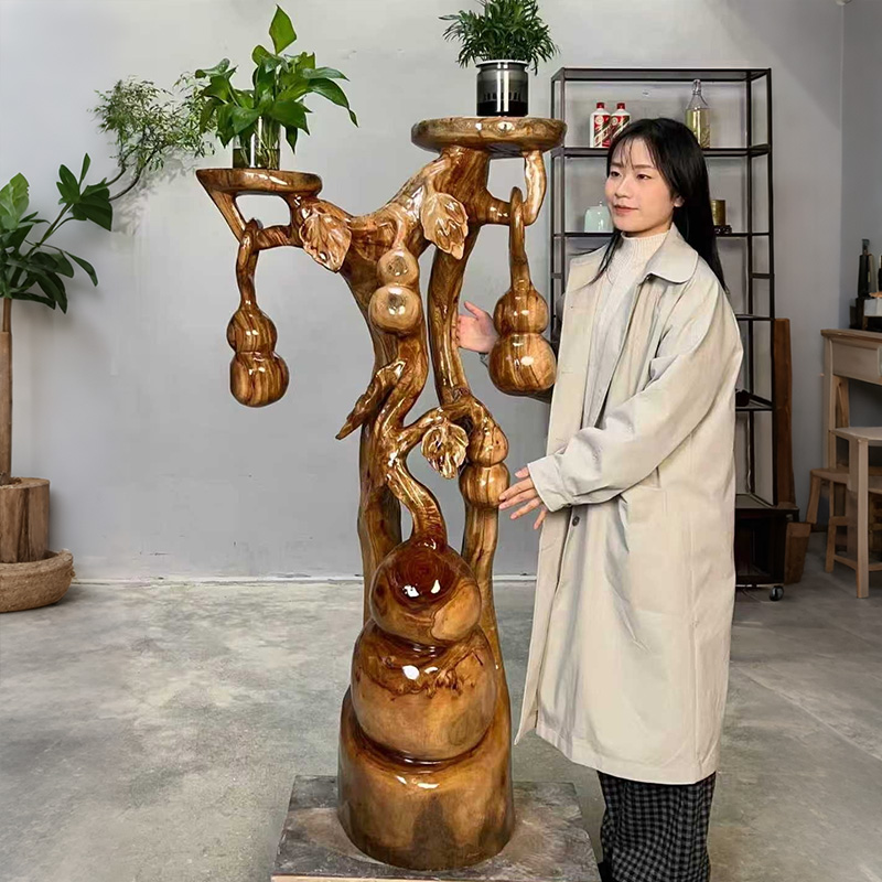 香樟木根雕葫芦花架实木树根天然原木底座落地客厅木雕摆件根艺