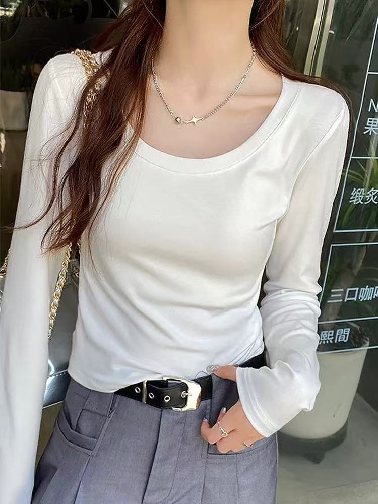 韩版新款修身显瘦大U领长袖打底衫纯色百搭上衣