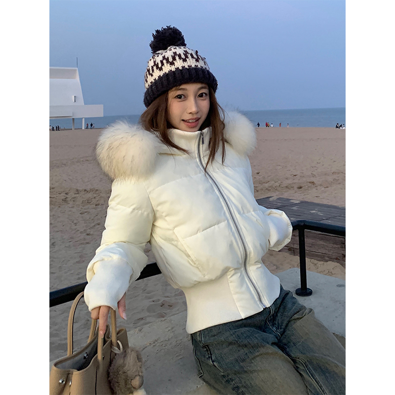 美式白色大毛领连帽棉服女冬季新款韩版加厚保暖短款收腰棉衣外套