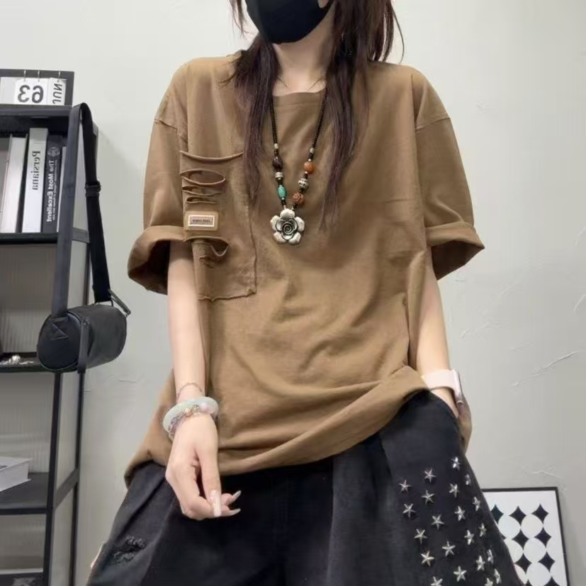 啵啵CM6508破边大口袋贴标百搭短袖