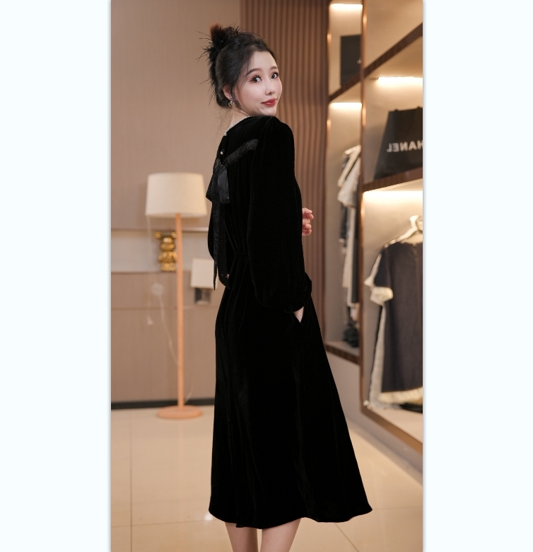 【晓卓专属】秋冬新款丝绒法式时尚显瘦拼接气质优雅连衣裙0628