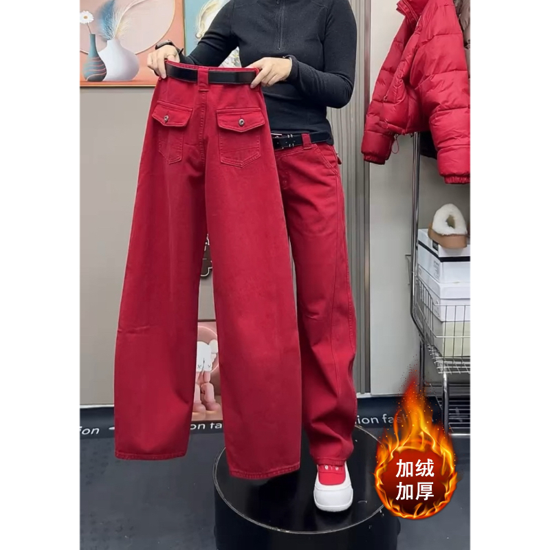 Aimeerosa/艾洛莎冬季加绒复古窄版红色牛仔裤女显瘦直筒弯刀裤子