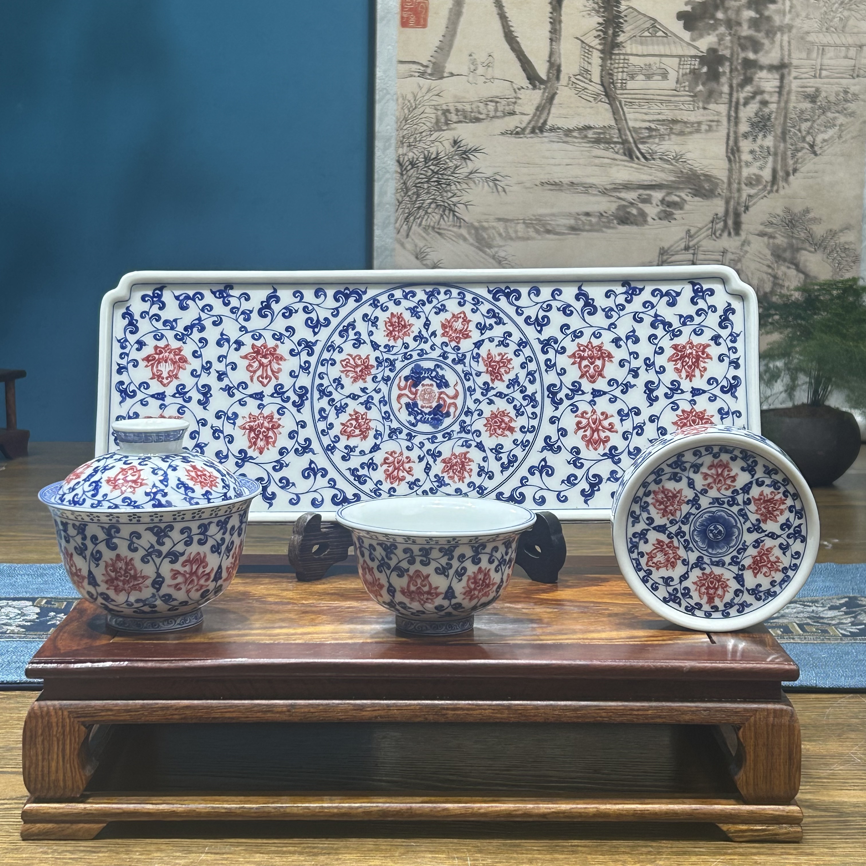 景德镇陶瓷青花釉里红缠枝莲茶盘整套中式高端家用送礼干泡盘