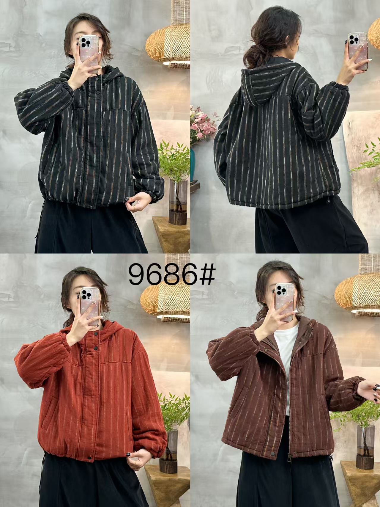 9686冬季新款连帽抗寒保暖百搭棉衣条纹夹棉加厚棉服外套