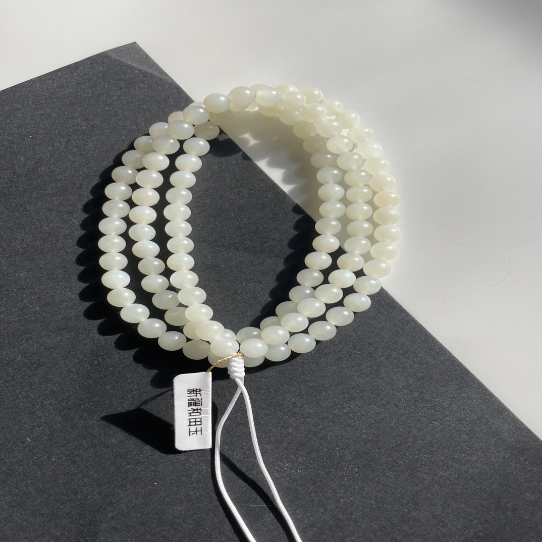 精品新疆和田玉且末料白玉108粒念珠项链手串 暖白油润细腻6MM
