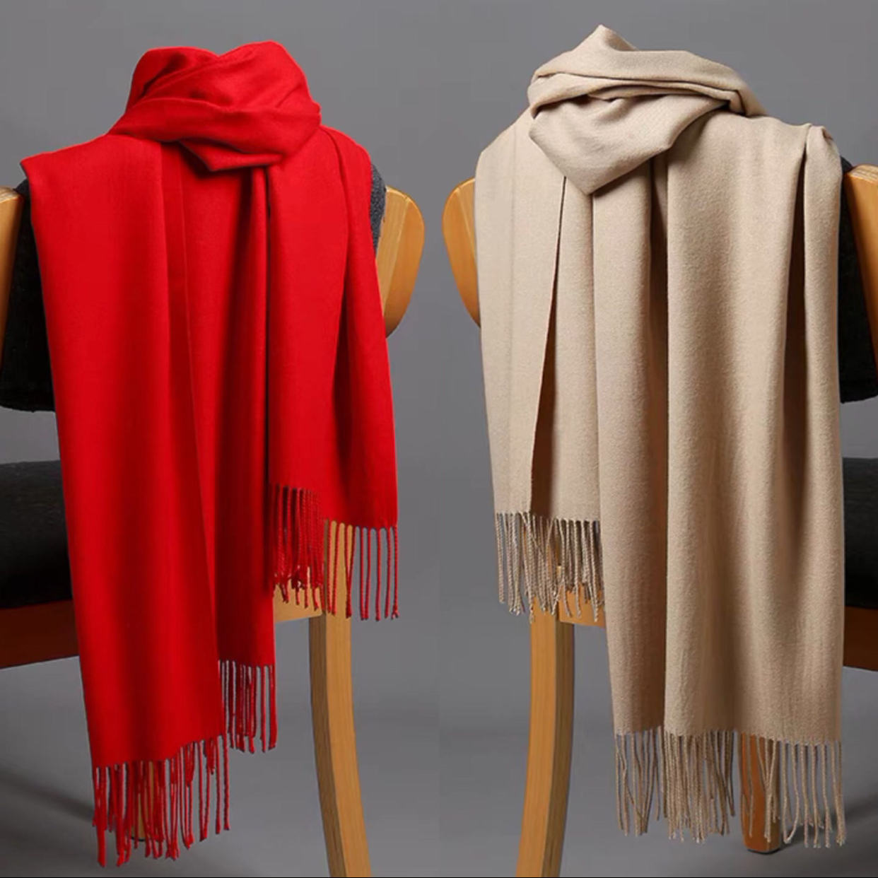 新款仿羊绒中国红围巾冬季加绒加厚韩版女生保暖百搭围脖纯色披肩