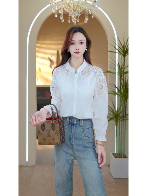 C006 设计感精致春季蕾丝镂空衬衫简约立领花边袖九分袖上衣女