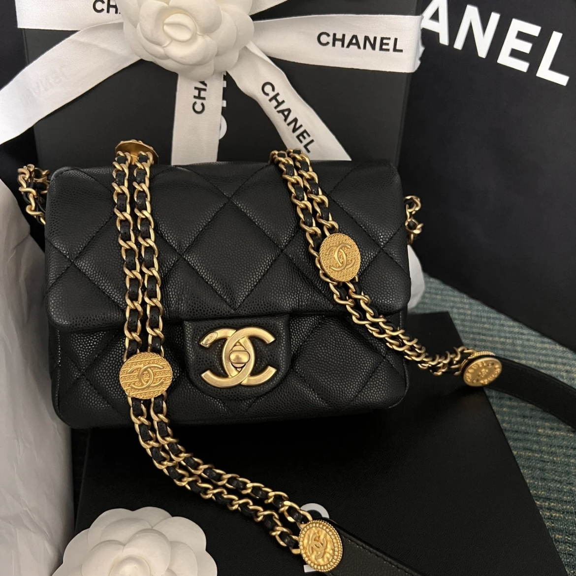 99新 Chanel/香奈儿 多多奢品/香奈儿22a金币方胖包/98新