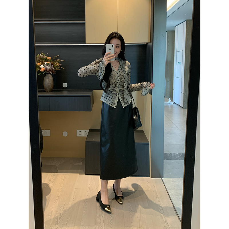 XINYI【紫鸢风信】秋季PU皮半身裙女中长款显瘦百搭X625A13052-2