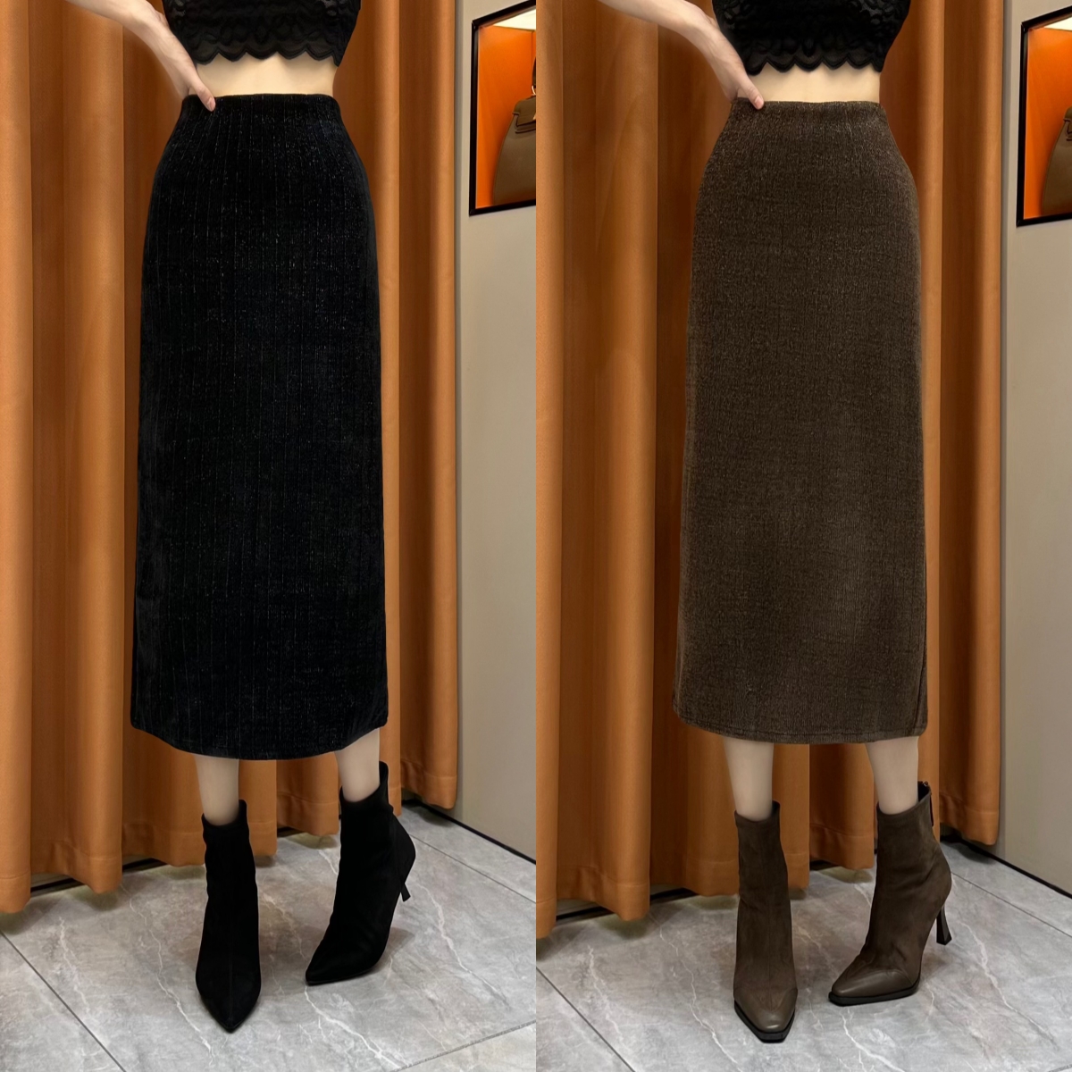 【海棠标韵】2025秋冬新款小香风亮闪后开叉中长裙时尚显瘦直筒裙女