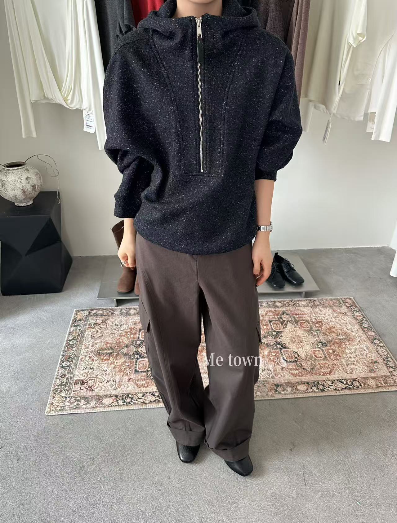 温柔瑶-蜜糖社冬季福利-“羊毛”韩系复古连帽半拉链套头上衣-6289