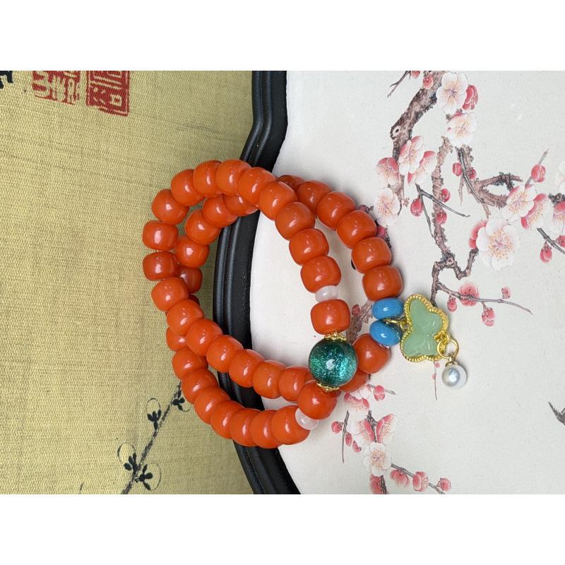 DP1122-8*10橘红菩提+翡翠蝴蝶吊坠+星空珠配饰橘红菩提