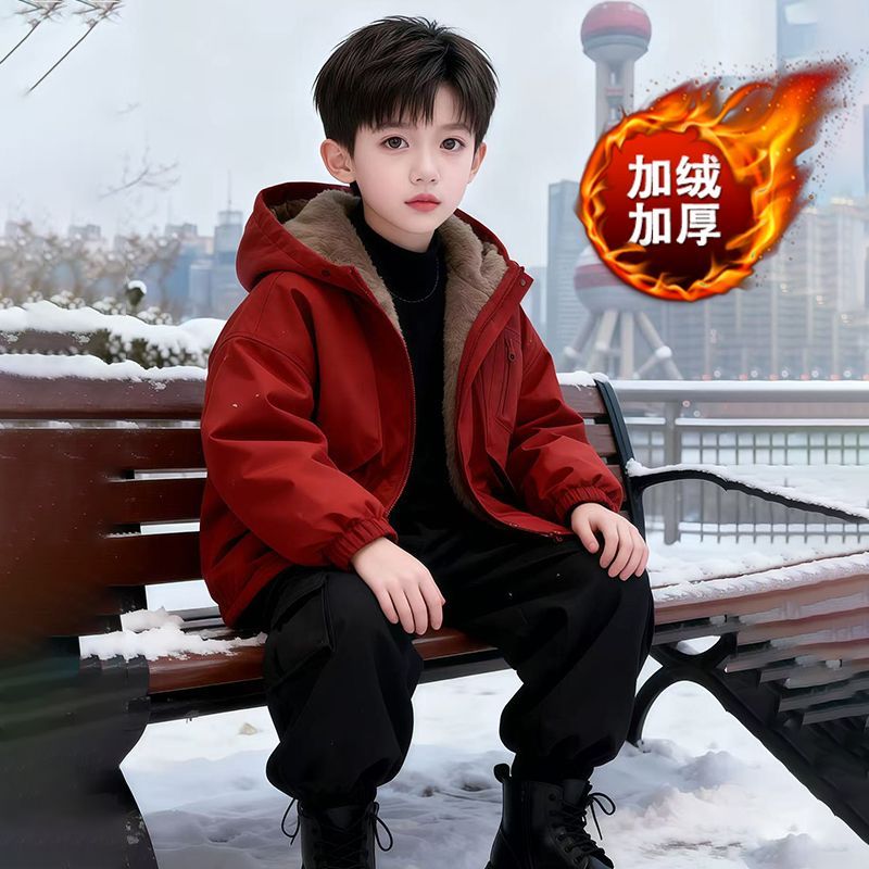 男童冬季加绒加厚保暖派克服2025中大童新款男孩洋气潮流百搭外套