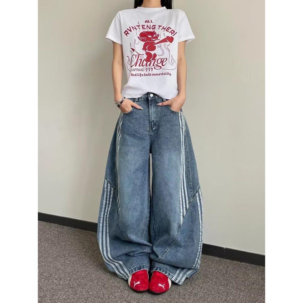 美式街头风三条杠阔腿牛仔长裤水洗牛仔裤2025秋季宽松低腰设计感