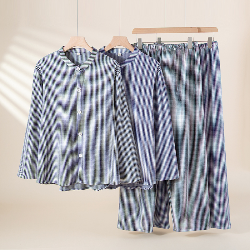 新款秋冬保暖男士家居服简约格子休闲舒适长袖长裤睡衣套装