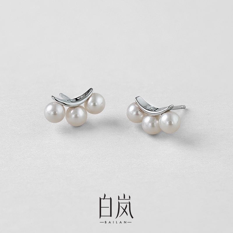 白岚三珠耳钉女淡水珍珠S925银轻奢圆珠耳饰简约小巧镶嵌ED3361
