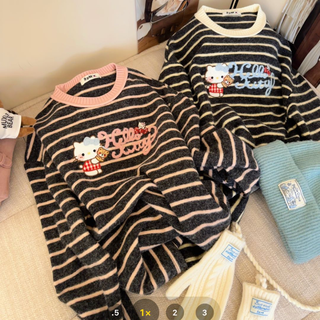 猫鼠熊精选25年刺绣撞色领条纹KT猫长袖ins韩系宽松