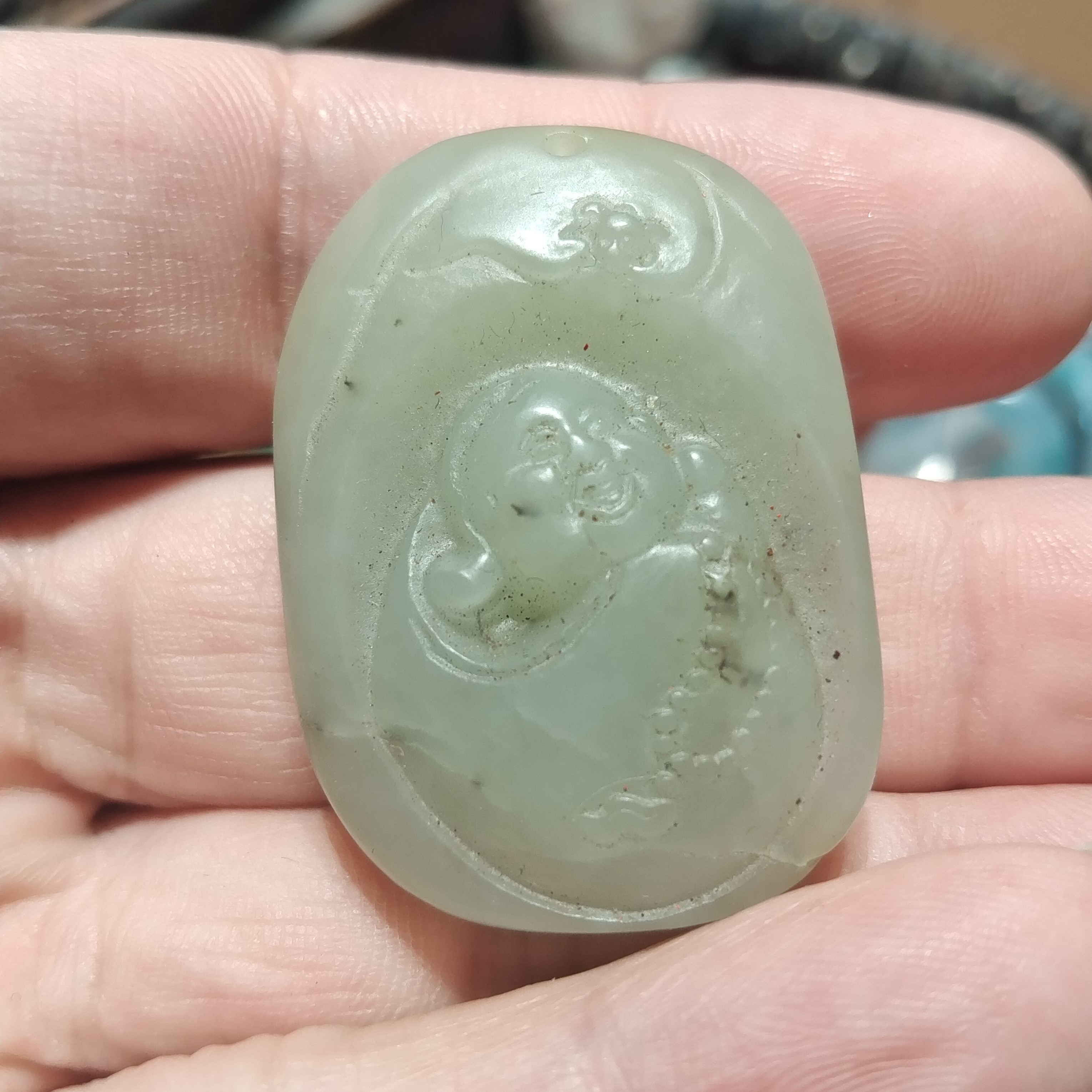 青白料弥勒佛公挂件新疆精雕玉石男女款