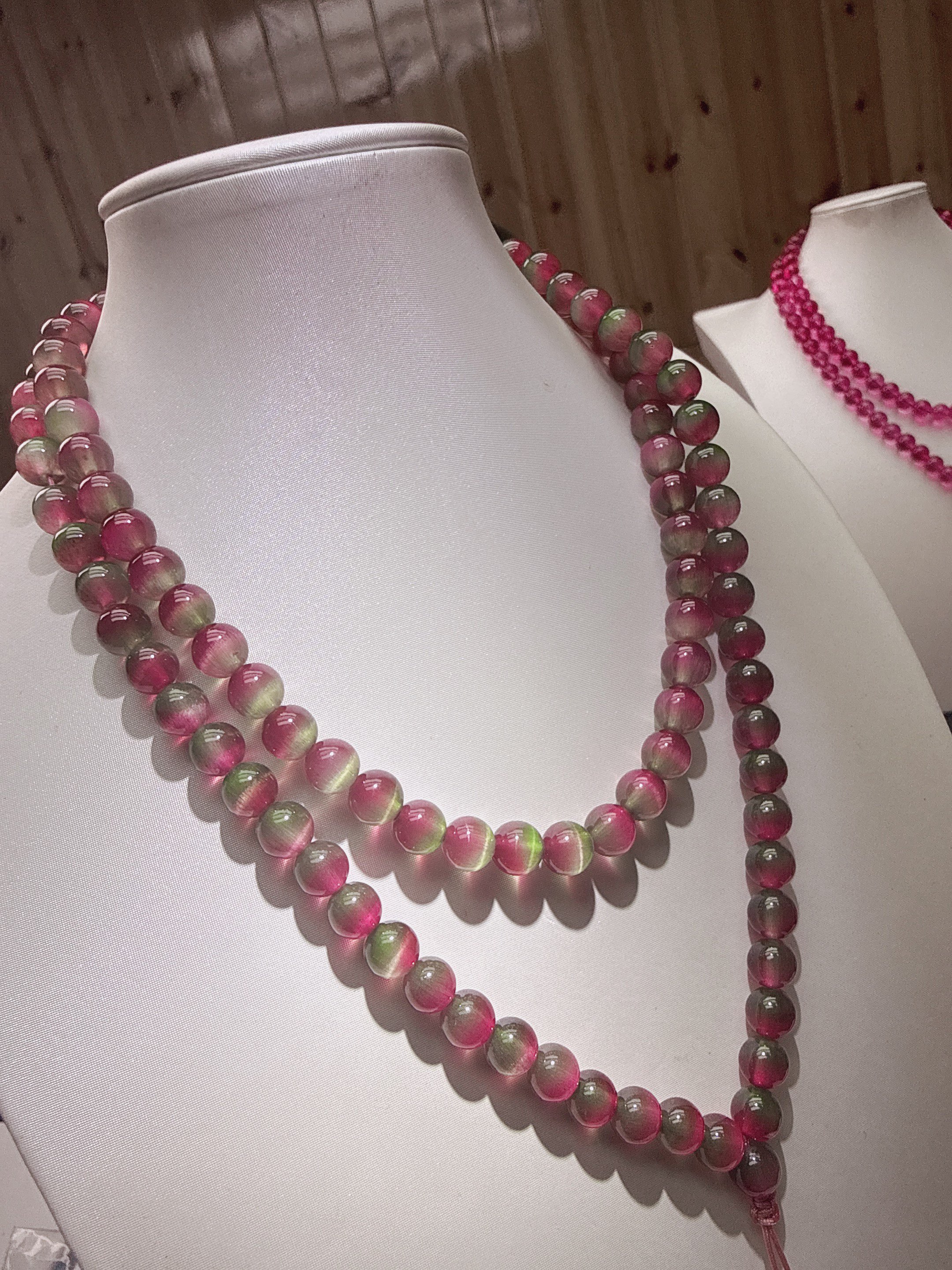 【原矿正品  清雅飘逸】西瓜碧 双色西瓜 带猫眼 8mm108项链Q3103