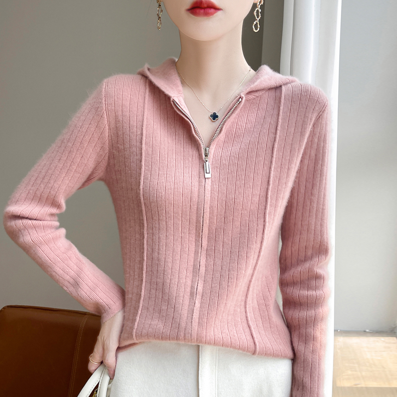 优雅精致~修身百搭100%纯羊毛拉链开衫 连帽针织毛衣抽条显瘦上衣