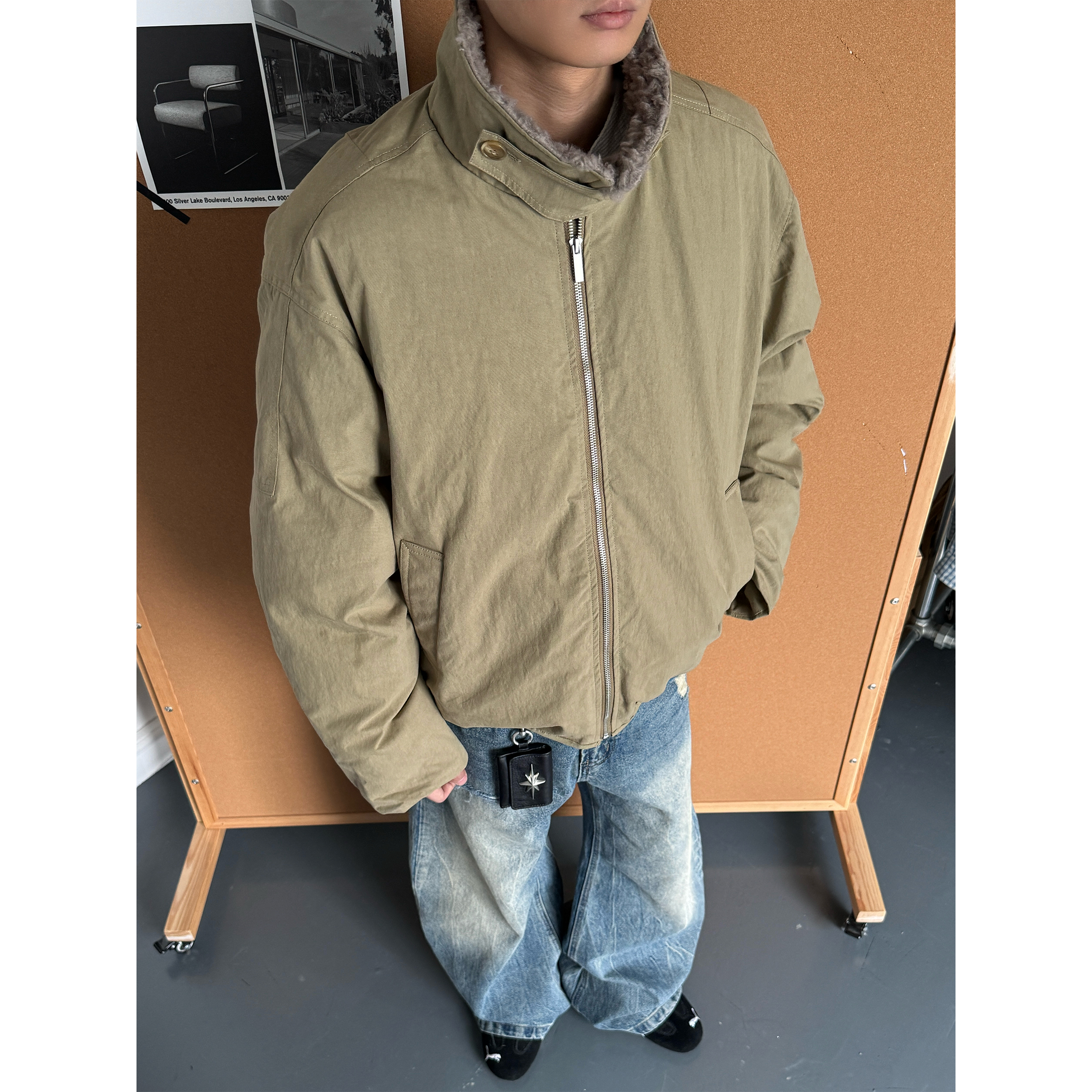 CZ2巴恩风毛领羊羔绒翻领秋冬美式复古立领男女保暖短款棉服外套
