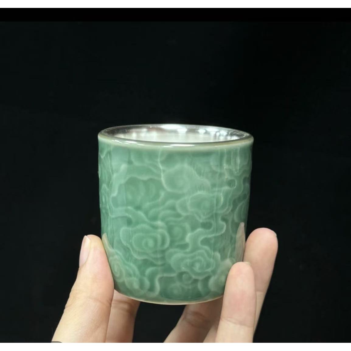 龙泉青祥云银杯扳指杯直筒杯鎏银