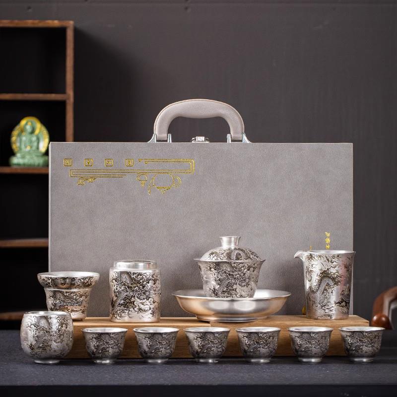 RUONDMAM高档 银茶具鎏999纯银上作画手工浮雕泡茶壶盖碗