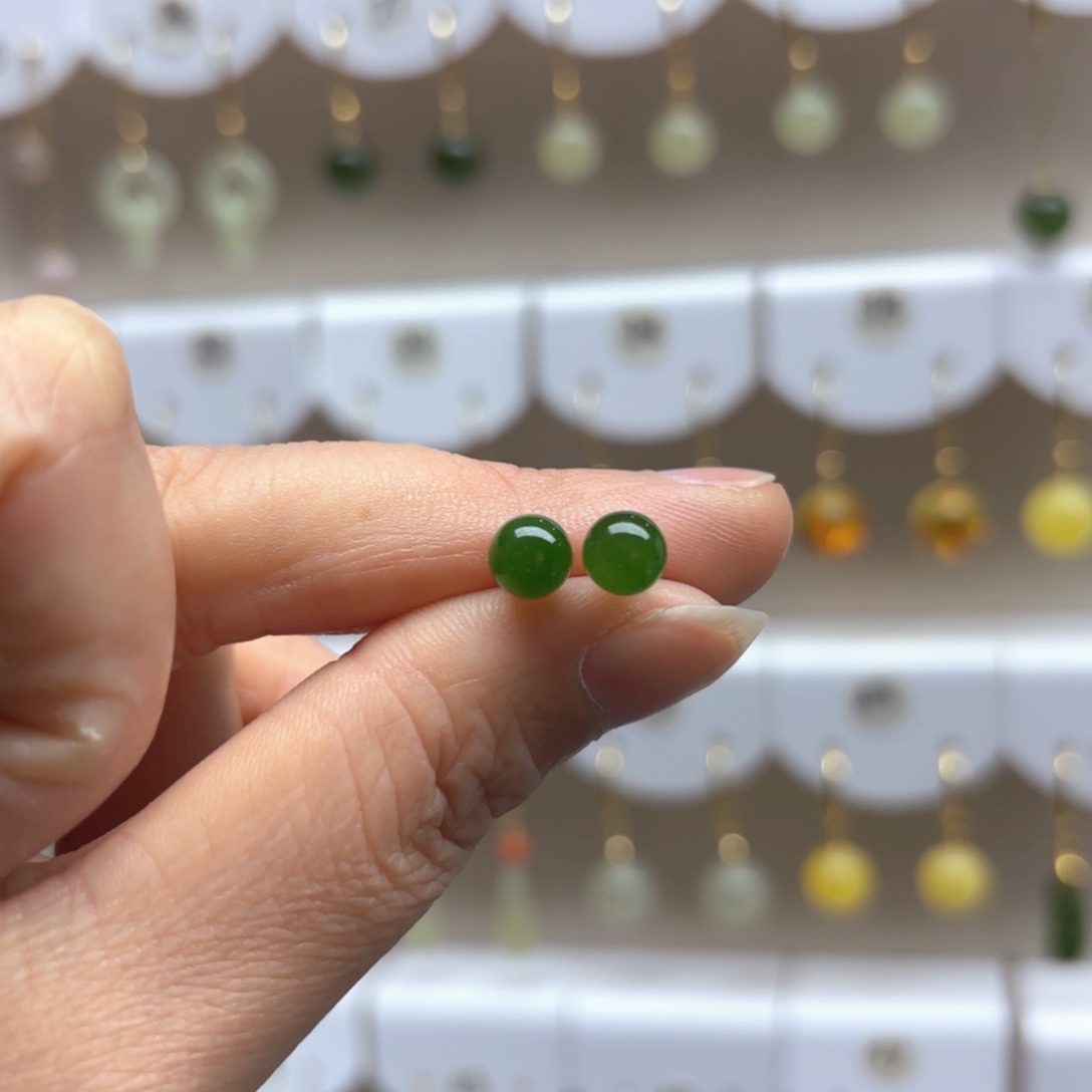 和田玉耳饰银S925镶嵌6mm 