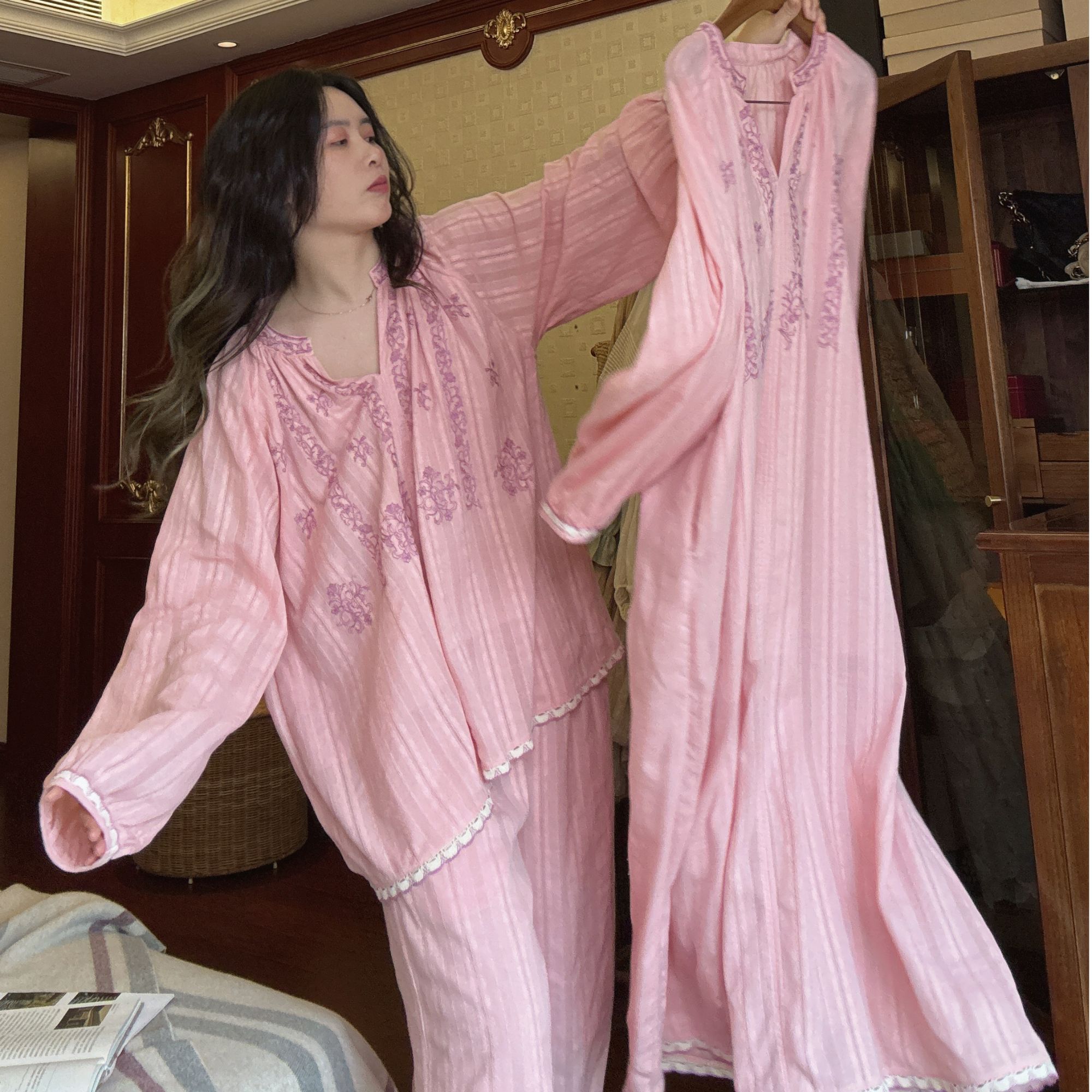 春秋季新款可外穿家居服套装法式刺绣连衣裙睡裙长裙纯棉全棉睡衣