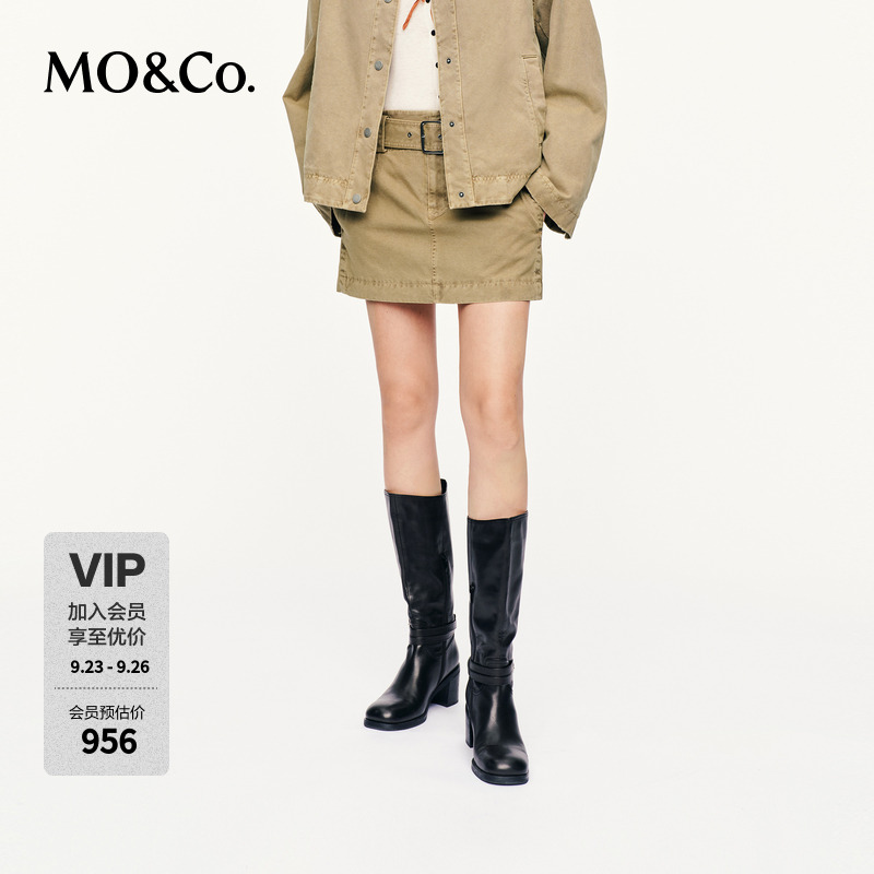 MOCO半身裙2025秋新品棉质怀旧巴恩风短裙中低腰附腰带MBE3SKTT03