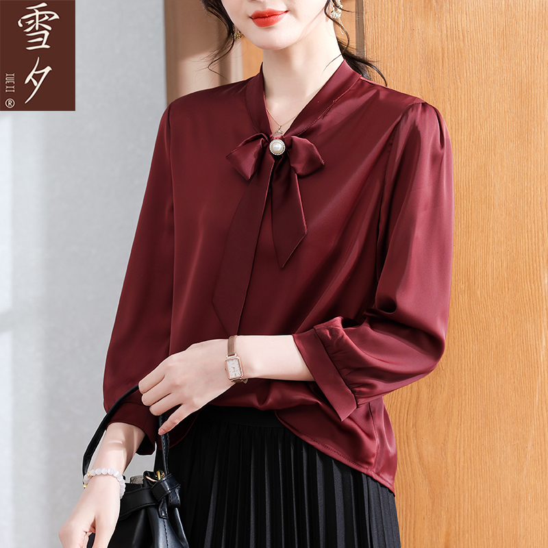 妈妈秋装洋气高贵雪纺T恤中老年女装红色本命年领结上衣2025新款