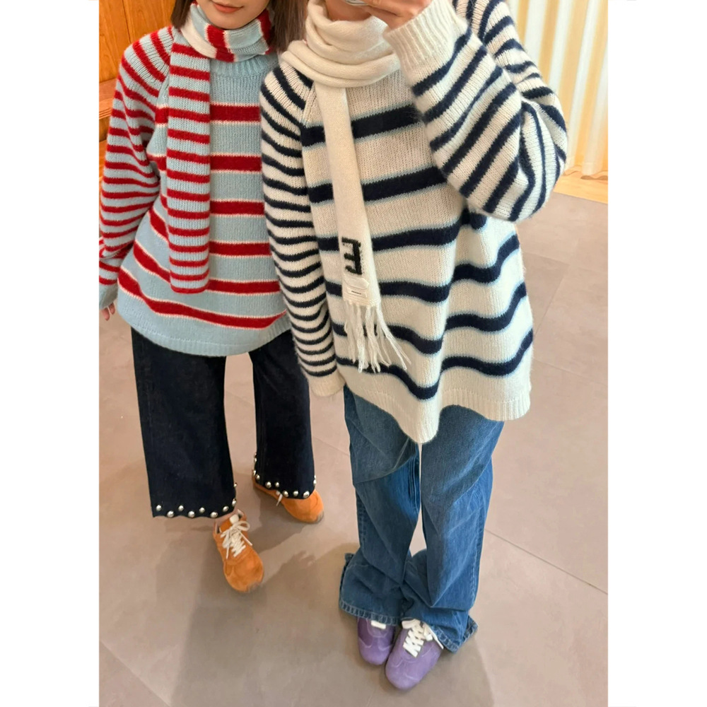 【清仓不退换】精选25.3%羊毛25早春宽松休闲条纹插肩套头毛衣女