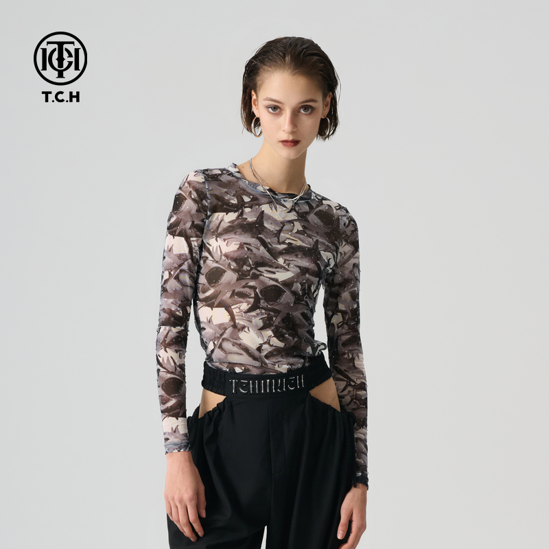 T.C.H/轻奢2024春季新款烫钻打底衫透视时尚上衣女T72A026001