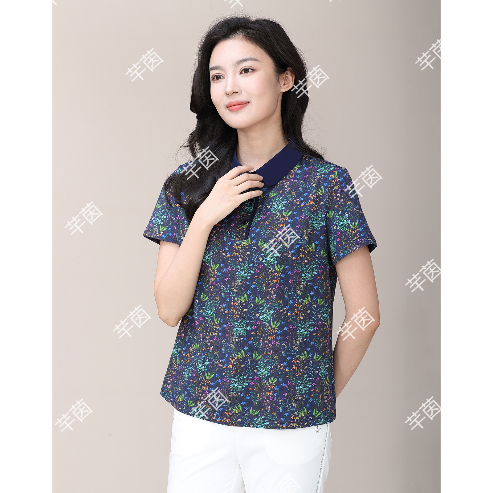 官方正品/纯棉小碎花印花修身T恤领时尚妈妈装夏季短袖棉衬衣