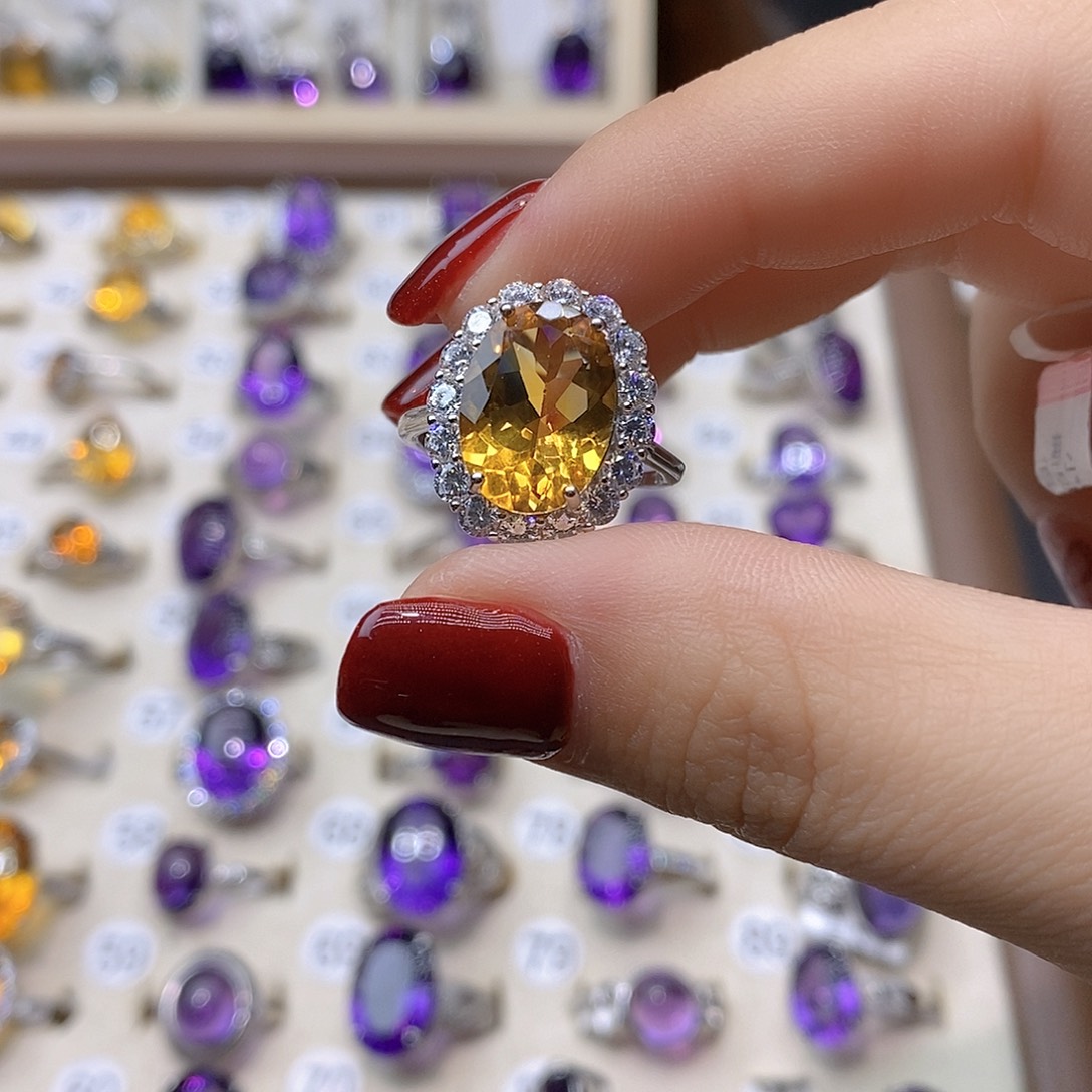 用***2水晶银S925镶嵌戒指纯天然黄水晶戒指J