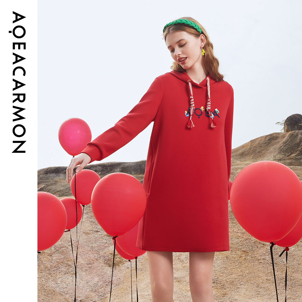 雅格上美 新年红卫衣连衣裙女士秋冬Q23DF69J32