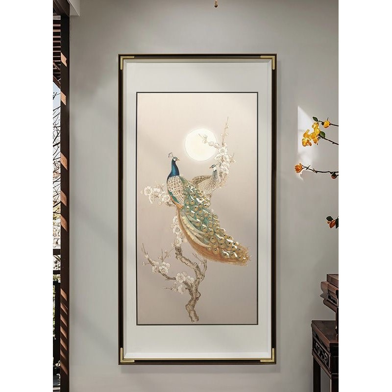 新中式孔雀油画走廊过道壁画客厅竖版孔雀60120