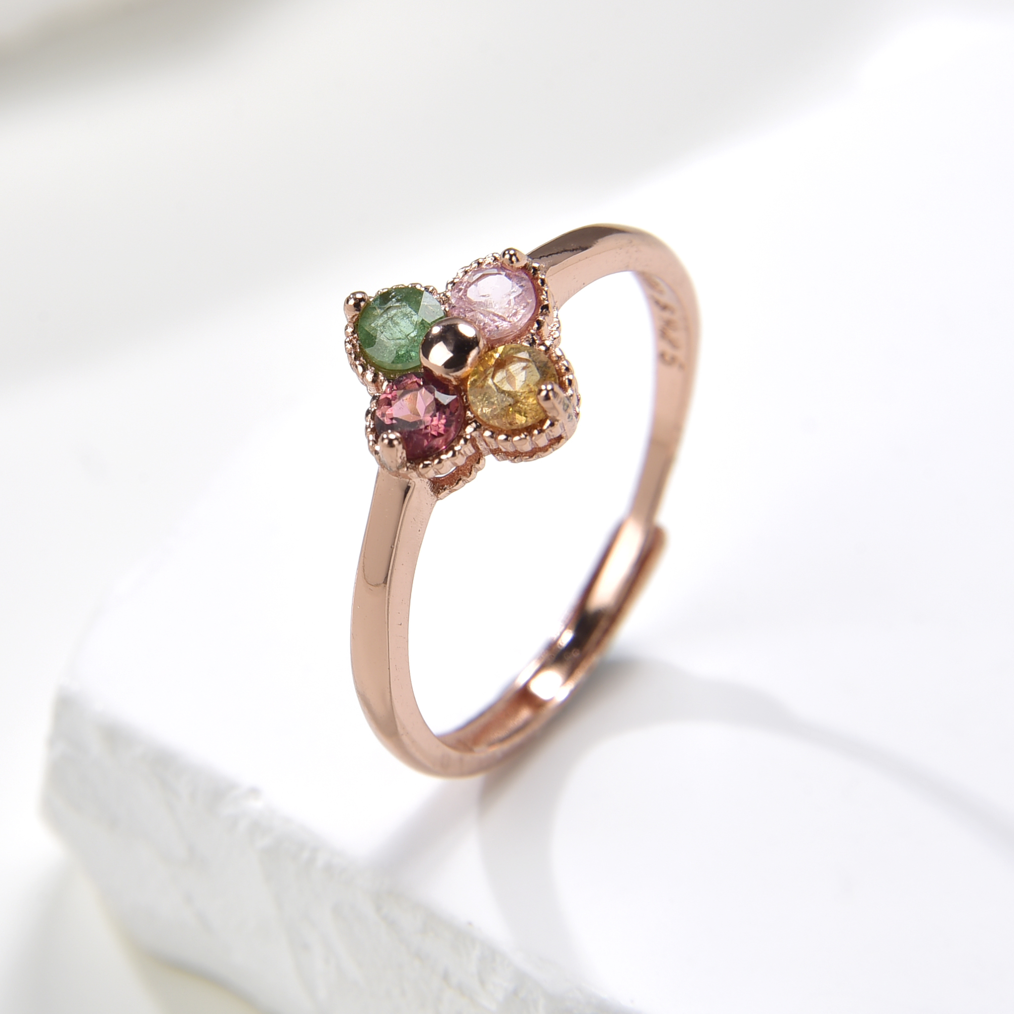 （桃）糖果色天然碧玺幸运四叶s925银戒指