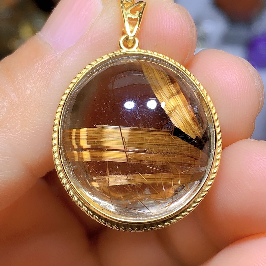 水晶吊坠银S925镀金镶嵌天然水晶