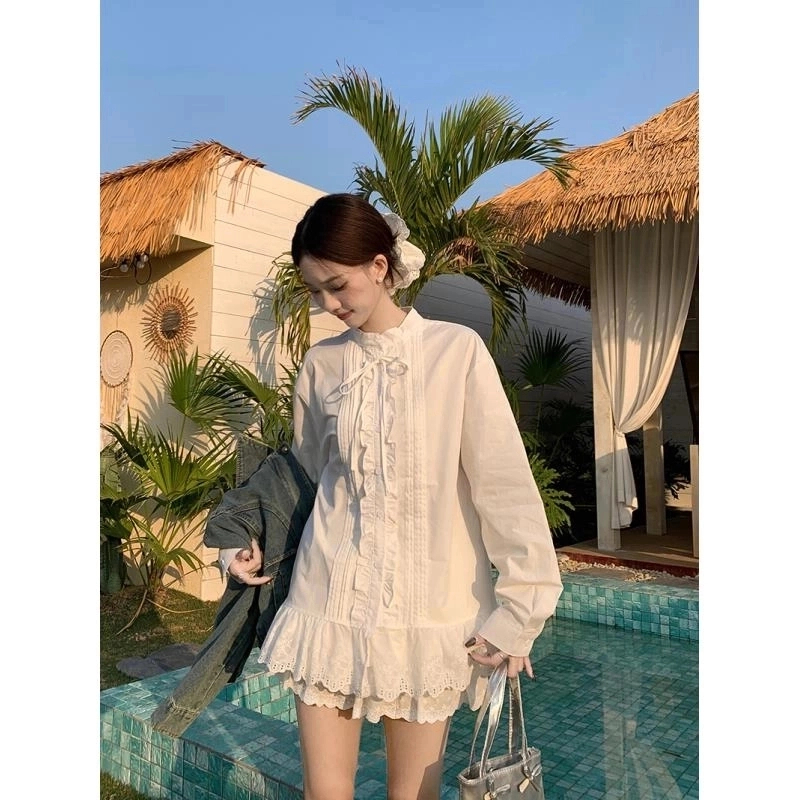 2025早春新款韩系衬衫裙子荷叶边领衬衣小众设计气质显瘦甜美风