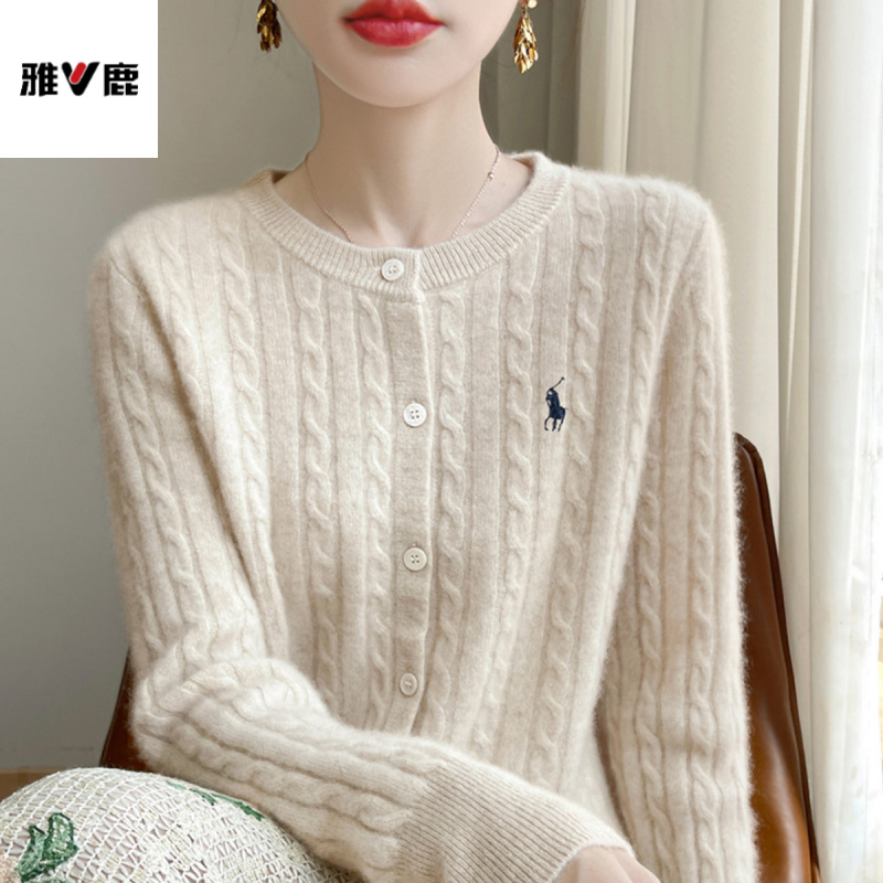 雅鹿优选鄂尔多斯市刺绣麻花羊毛衫女上衣2025新款春秋针织衫开衫