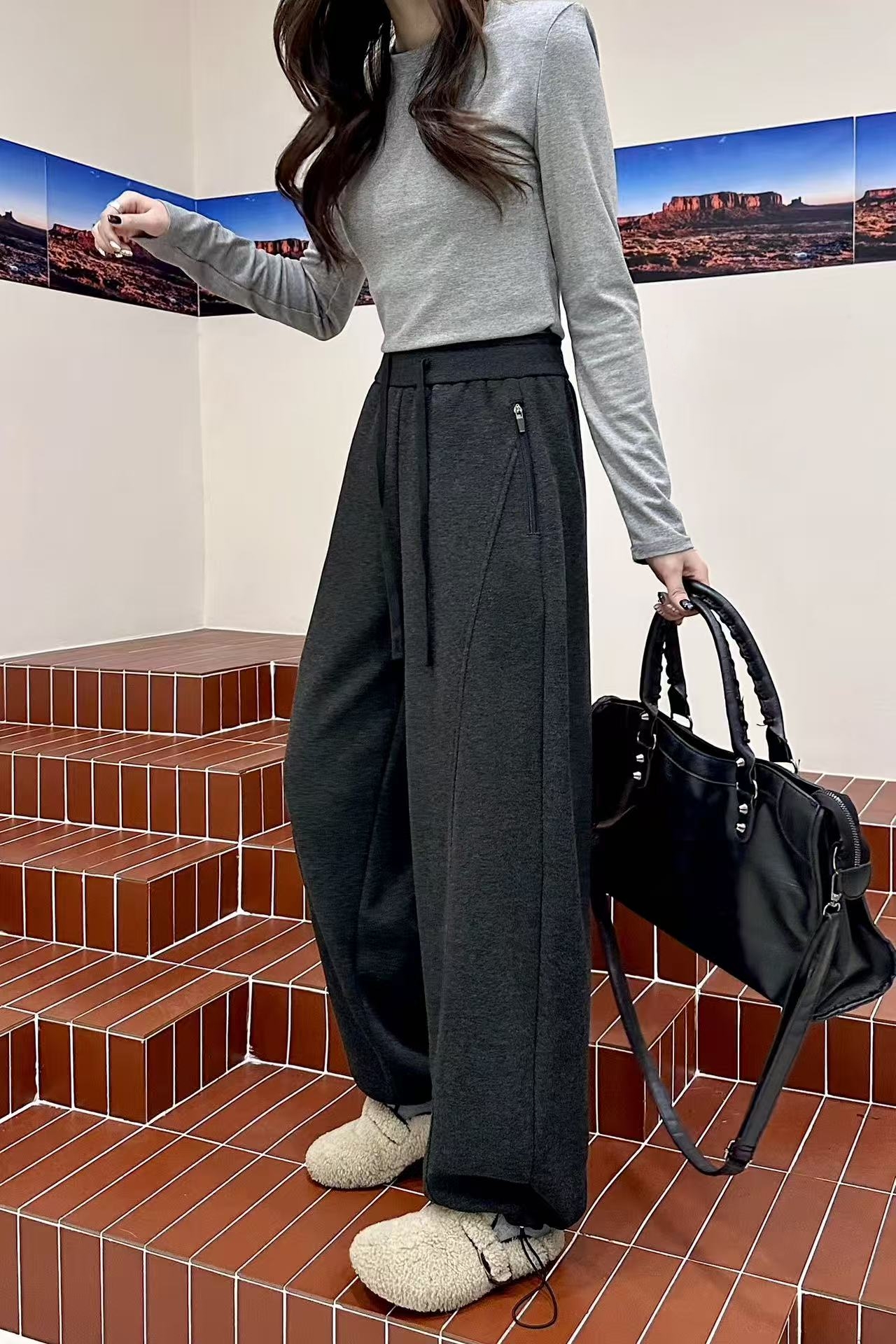 【五感推荐】加厚糯米慵懒风裤子女2025冬季新款拉链美式拖地弯刀潮