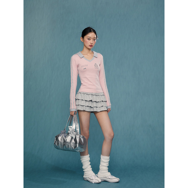 weekendhub内搭打底衫女2024新款春秋正肩t恤气质v领修身长袖上衣